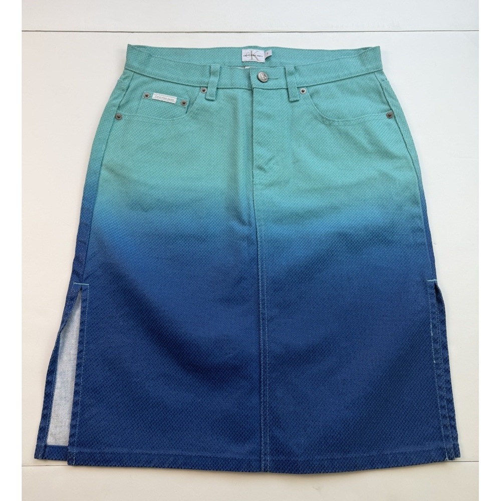 Calvin Klein Jeans UNIQUE Denim Skirt Sz 7 Aqua Blue Ombre Dip Dye Vintage Y2K
